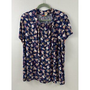 Women’s Fervour Blue Floral Short Sleeve Top Tie Neck Soft Tee Shirt 4X